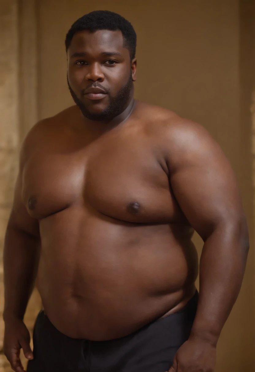 Anaotomical correct fat obese male body  with no clothes on, full frontal view, NSFW  AND NAKED,Big belly black guy with small   penis shaft, legs spread open to expose big testicles between the legs with the camera soft light stocky build with flabby pecs...