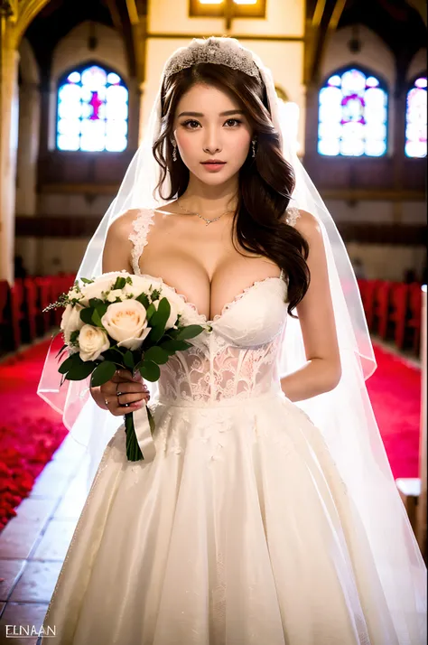 (8K, RAW Photos, of the highest quality, Masterpieces: 1.2)、((Aline Wedding Dresses、Red Wedding Dresses、Flipping through the dress、full body Esbian)),1 persons,  super detailed, Super Resolution, (Realistic, Real Photos: 1.37), Portraits, high resolution R...