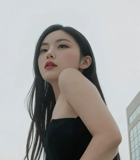 An Arad woman in a black dress stands in front of a tall building, A young Asian woman, Gemma Chen, xision wu, cover photo portrait of du juan, An Asian woman, inspired by Qian Xuan, side portrait imagery, inspired by Wang E, looking away from camera, she ...