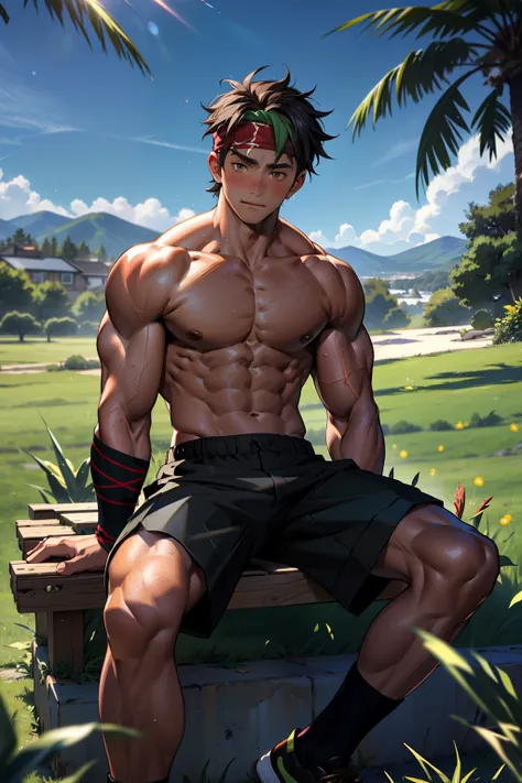 (Masterpiece, Best quality 12 year old boy，Shota), 1boys, Young,Muscular, Short hair, with brown eye, Intricate, Grass, full bodyesbian, Shirtless, Muscles sparkle in the sun,Black shorts,  green headband, Vivid colors,(Depth of field:1.2),(Abs),Blush, vie...