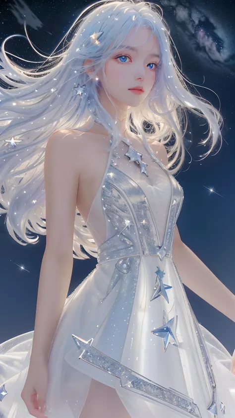 masterpiece, best quality,a high resolution, 1girll, long_white_hair, stars in eyes, see_through, (((shimmering dazzling lightin...