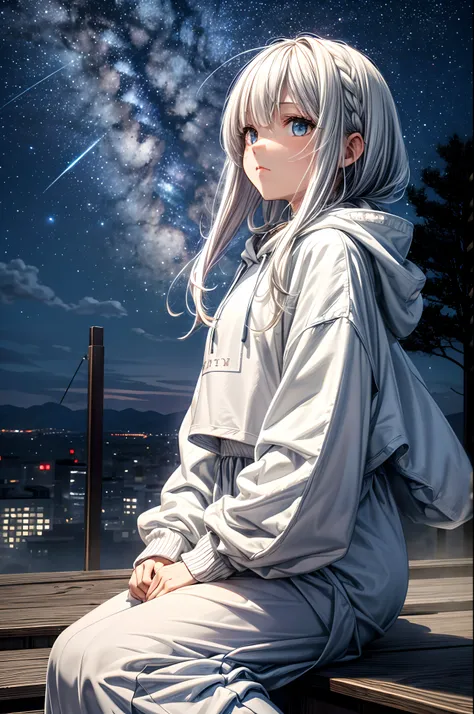 octans, sky, star (sky), scenery, starry sky, night, 1girl, white medium hair, oversized hoodie, long skirt, night sky, solo, outdoors, building, cloud, milky way, sitting, tree, long hair, city, silhouette, cityscape, Illustration with depth, horizon, (pe...