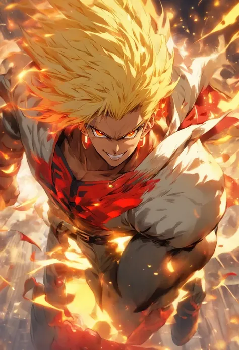 a male anime character with yellow hair and red eyes in red and yellow otfit, character album cover, full art, antasy character, full art illustration, full portrait of elementalist, character profile art, official character art, official character illustr...