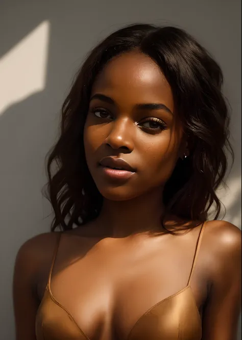 Capture a mesmerizing medium-range selfie of a young and stunning African-American woman using an iPhone camera. Emphasize the artistic aspect with ombre lighting at a factor of 1.3, casting an enchanting aura on her unique beauty. Pay attention to every d...