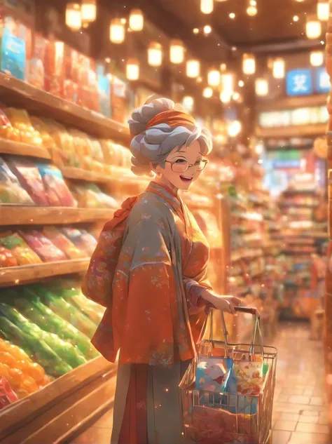 A Chinese grandmother shopping,having fun， cheerfulness, Perfect quality, Clear focus (clutter-home: 0.8), (Masterpiece: 1.2) (Realistic: 1.2) (Bokeh) (Best quality) (Detailed skin: 1.3) (Intricate details) (8K) (Detail eyes) (Sharp focus), (cheerfulness)