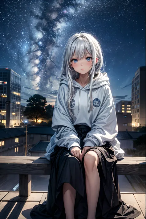 octans, sky, star (sky), scenery, starry sky, night, 1girl, white medium hair, oversized hoodie, long skirt, night sky, solo, outdoors, building, cloud, milky way, sitting, tree, long hair, city, silhouette, cityscape, Illustration with depth, horizon, (pe...