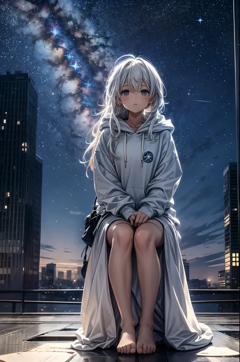 octans, sky, star (sky), scenery, starry sky, night, 1girl, white medium hair, oversized hoodie, long skirt, night sky, solo, outdoors, building, cloud, milky way, sitting, tree, long hair, city, silhouette, cityscape, Illustration with depth, horizon, (pe...