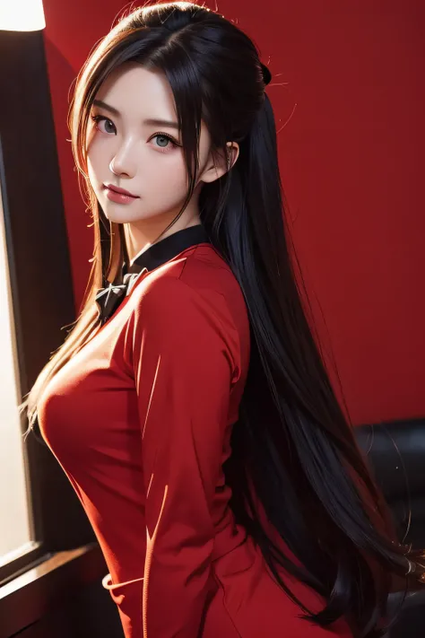 Anime girl in red shirt and black tie poses for photo, by Yang J, very detailed Artgerm, Rin Tohsaka, Artgerm jsc, artwork in the style of guweiz, beautiful digital works of art, ArtGerm. high detailing, range murata and artgerm, Style ArtGerm, ig model | ...