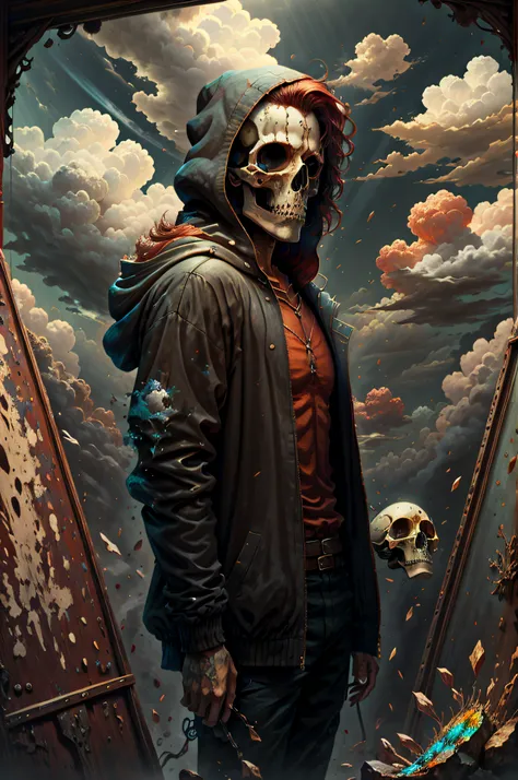 solo, 1boy, standing, male focus, red hair, cloud, hood, back, cover, transparent glass skull, mantle, painting