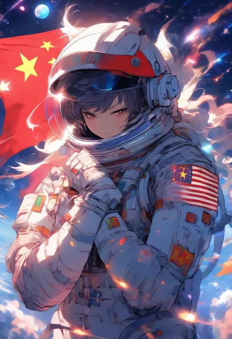 ((The Chinese flag is embroidered on the arm)),cosmic space, Starcloud, starrysky, Bright and intense colors, airplanes in the background, Astronaut wearing helmet and swimsuit, Space BBQ, Listening to the radio