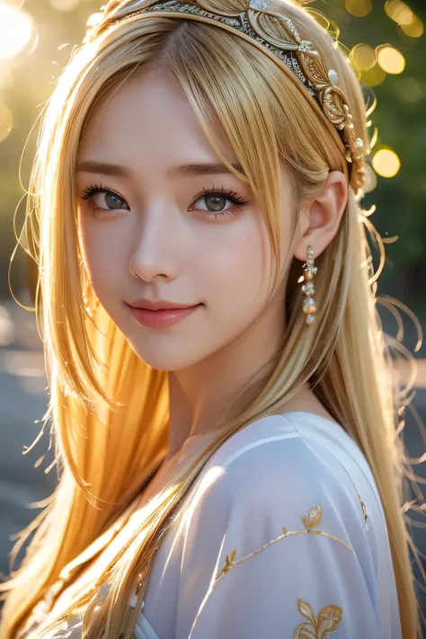 masutepiece, Best Quality, Best Quality, (intricate-detail:1.2), Beautiful eyes, 1girl in, Solo, Outdoors, Blue sky, cloudy, Bokeh, Lens Flare, anamorphic lens flare, depth of fields, Seductive face, Seductive smile, Heanna_Sumire, Yellow hair, Red headban...