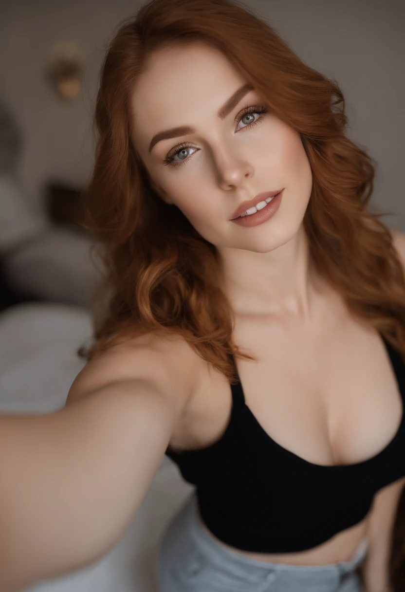 a girl with matching tank top and panties, Sexy girl with brown eyes, ginger caramel hair and large eyes, pale skin tone, big natutal boobs, Selfie of a young woman, eyes in the bedroom, Violet Myers, without make-up, natural makeup, looking directly into ...