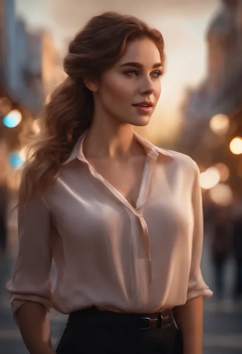 Best Quality, Photorealistic, 1girl in, Woman,(Skindentation), medium breasts⁩, (Bright), (Professional Lighting, Bokeh), (Street), People, Crowds, Braided bangs, (Blouse:1.5), (portait:0.8), Gorgeous, bloom, Floating hair, (Dynamic Pose:0.6) , Soft lighti...