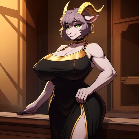 mature_goat female graying_purple_hair bushy_hair large_bun faded_pink_furry_body green_eyes milf large_gold_tipped_horns horns curving_upwards_and_inwards gold_earrings gold_choker gold_gorget black_dress_with_fur_trim solo  big_nipples, (nipple outline) ...