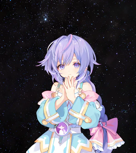 Menina anime com cabelo roxo e olhos roxos em um vestido azul, portrait knights of zodiac girl, Anime Girl with Cosmic Hair, akasuki voidestrela |, anime moe artstyle, estrela(heaven) estrelado_heaven, Starry sky!!, portrait anime space cadet girl, Aura Ce...