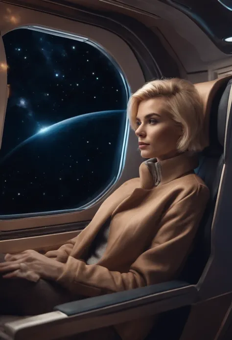 A sexy young blonde woman with short hair and warm clothes sits on a seat in a spaceship and the window can show beautiful stars, Beautiful and perfect