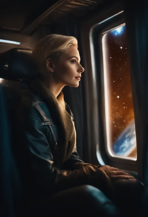 A sexy young blonde woman with short hair and warm clothes sits on a seat in a spaceship and the window can show beautiful stars, Beautiful and perfect