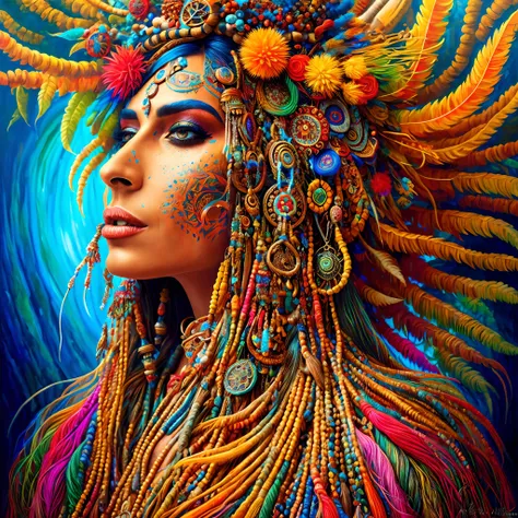 an extremely psychedelic portrait of shaman, surreal, lsd, face, detailed, intricate, elegant, lithe, highly detailed, digital painting, art station, concept art, smooth, sharp focus, illustration