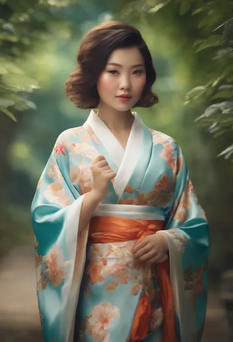 Gorgeous kimono ,a bright spot,4k ,ultra high res ,(photo realistic: 1.5) ,detailed face ,1 girl ,looking at viewer, bob cut ,natural ,detailed face ,cute ,kawaii,Mother Nature , Sacred, divine, sublime