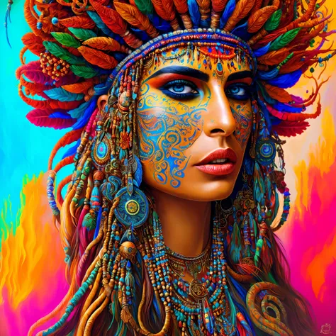 an extremely psychedelic portrait of shaman, surreal, lsd, face, detailed, intricate, elegant, lithe, highly detailed, digital painting, art station, concept art, smooth, sharp focus, illustration