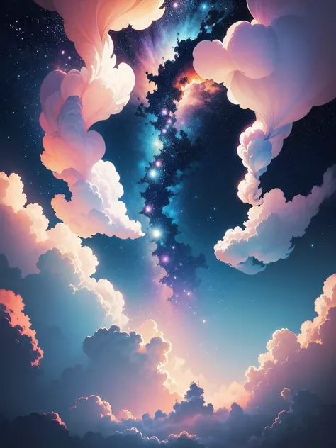 Various flowers, cartoon illustration, sky in a gradient of pastel colors with twinkling stars. Immerse yourself in a mystical world full of magical elements (weighted at 0.9)