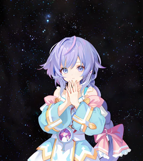 Menina anime com cabelo roxo e olhos roxos em um vestido azul, portrait knights of zodiac girl, Anime Girl with Cosmic Hair, akasuki voidestrela | |, anime moe artstyle, estrela(heaven) estrelado_heaven, Starry sky!!, portrait anime space cadet girl, Aura ...