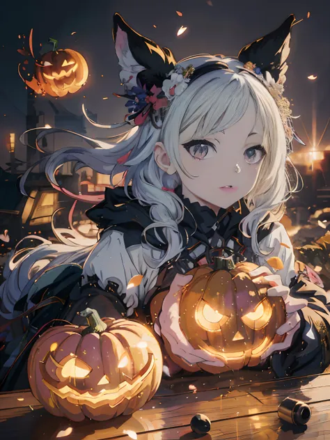 anime girl with white hair and black ears holding a pumpkin, anime art wallpaper 8k, best anime 4k konachan wallpaper, anime art...