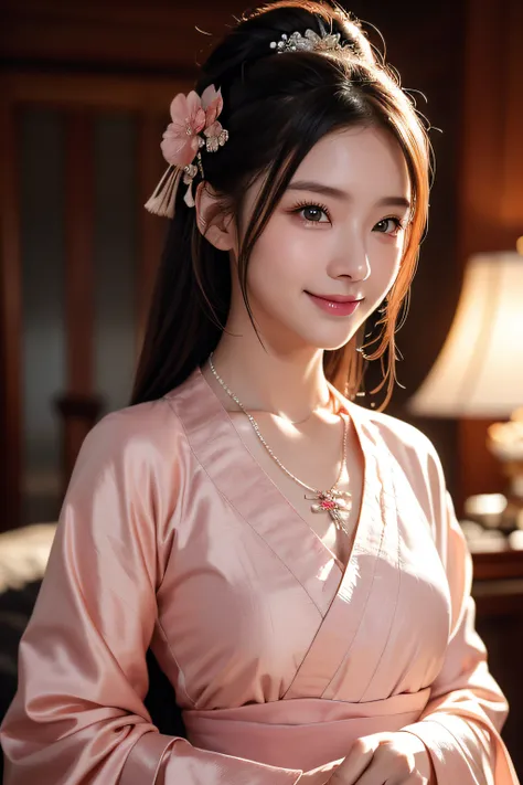 Superb quality, masutepiece, High resolution, 1girl in, blush, (Seductive smile: 0.8), Star pupil, Chinese Hanfu, Hair Accessories, Necklace, Jewelry, Beauty, SUI_Body, Tindall Effect, Realistic, shadow room, Light Edge, Two-tone lighting, (High Detail Ski...