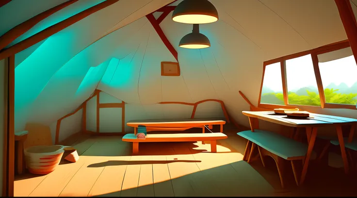 cartoon hut room interior , hut room interior  , bad condition, cartoon hut room interior , bright white lighting in cartoon , bright white lights