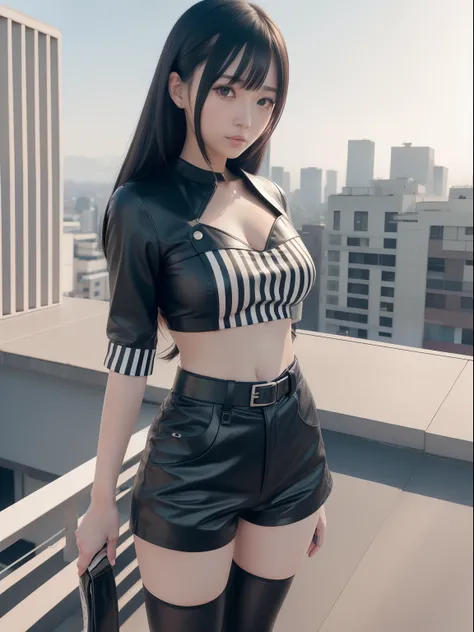 masutepiece,A hyper-realistic,32K,the Extremely Detailed CG Unity 8K Wallpapers, Best Quality,(1 Beautiful Japan Woman),bobhair,twin-tail hair,Dark heroine,((leather Shorts)),Thigh-length shorts,((White and black striped blouse)),Skin fit,Full body,a moon,...