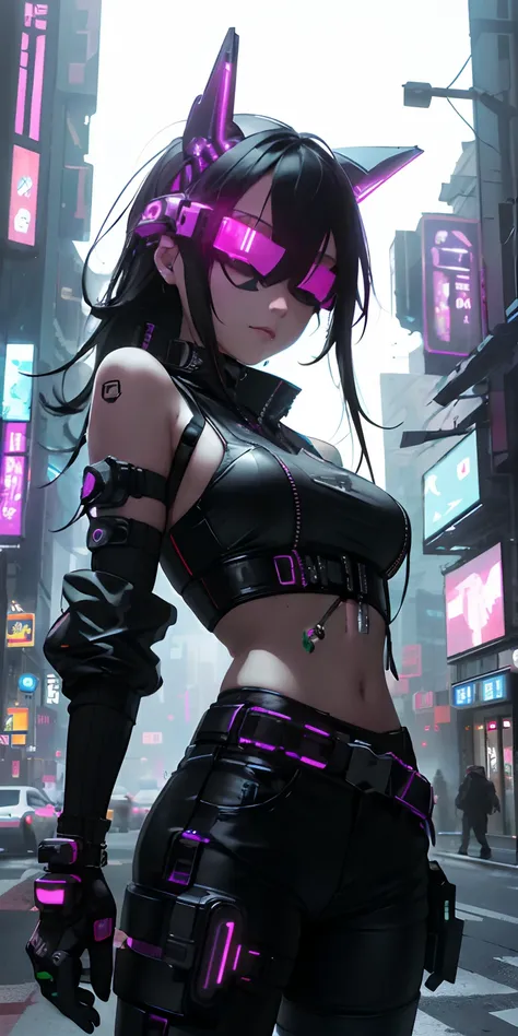 top-quality))、((​masterpiece)、cyberpunked、Electronic visor attached to the face of a 12-year-old girl、Cyberpunk Fashion、Sexy Posing、Breasts enlarged、Neon lights in the dark city at night