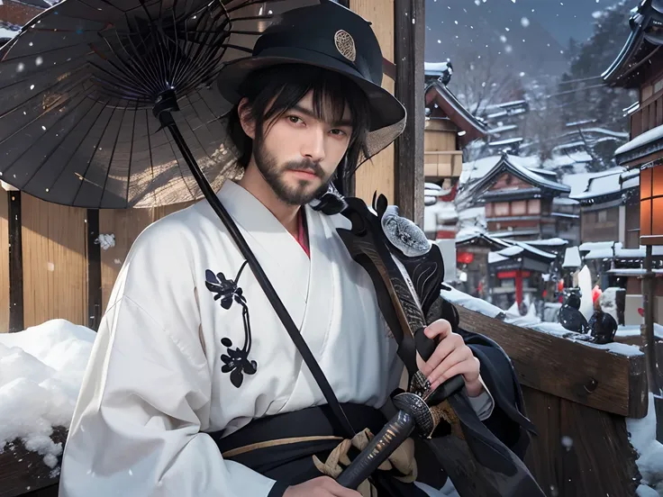 superfine illustration, very detailed beautiful face and eyes, Dynamic Angle, Head-to-knee display, Man with wooden sword standing in Edo town, Man in a snow-white Japan kimono, Wearing a black vertical hat, Men with very short black hair, Grow a beard aro...