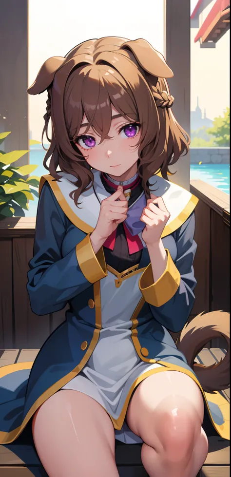 1girl, solo, ((masterpiece)), ((best quality)), extremely detailed face, perfect lighting, nice hands, perfect hands, naaza erisuis, hair between eyes, dog ears, dog tail, dog girl, brown hair, short hair, braid curly hair, purple eyes,