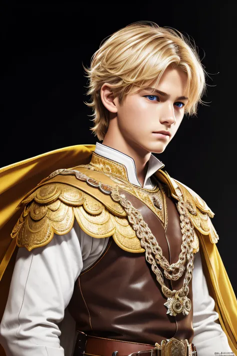 Best Quality, masutepiece, Ultra High Resolution, White background, Realistic, hadesstyle, Withdrawn from the 16-year-old prince on the battlefield, short blonde hair, Amber eyes, The Crown Princes Armor, Cape, depth of fields