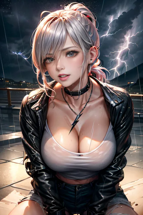 (Lightning illuminating the dark sky:1.7),Stormy night, (Rain pouring down on a tomboy:1.3),  creating a dramatic and moody atmosphere.
Drenched tomboy,piercings,Punk rock fashion,Open jacket with chain,Punk rock shirts,Punk rock pants with chain,Chain Acc...