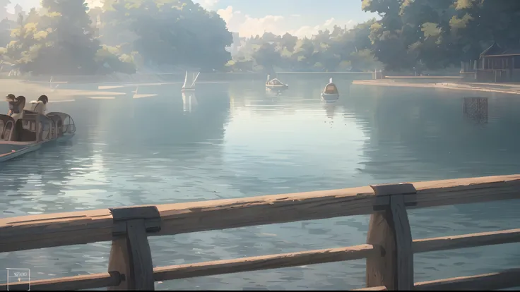 there are many people on a boat on the water, beautiful anime scene, detailed lake in background, attack on titan scenery, makoto shinkai. —h 2160, anime beautiful peace scene, anime scenery, claymore anime background, anime movie background, ( ( makoto sh...