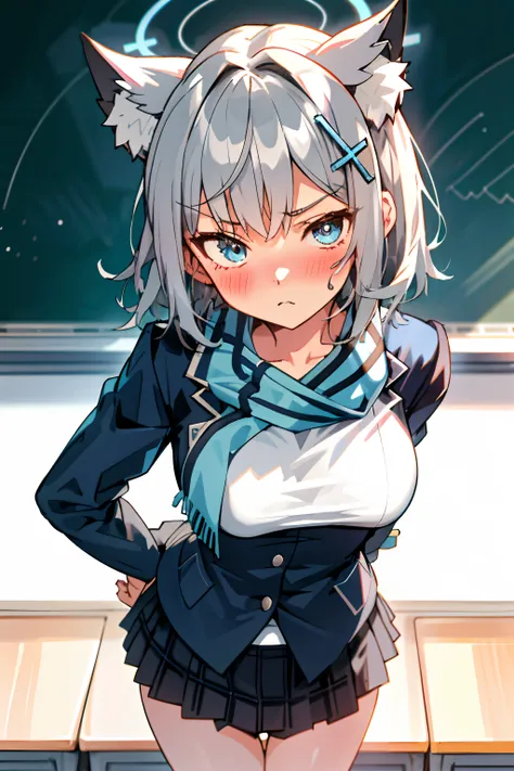 Shiroko (blue archive) One girl with short hair and uniform, looking at camera, angry face, blushing, tsundere, medium breast, hands behind back, look a underpant, unpants, classroom, best quality, high quality,