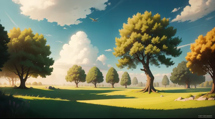 cartoon , grass land , tree , flying things in sky , bright lighting