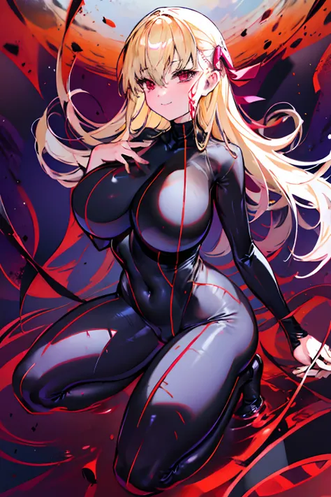 Anime style face　a blond　Black full body suit　Red lines all over the body　huge tit　Big ass　Whip thighs　seductiv　a smile　succubus