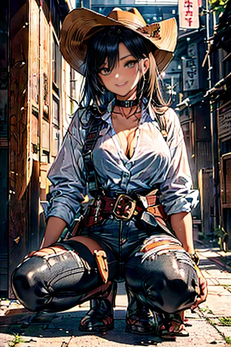 Townscape of the Wild West,Wasteland,Gunslinger Costume,Short leather jacket with open front,Torn and tattered white shirt,Torn and tattered damaged jeans,(Wrap the gun belt around your waist:1.3),(gun holster:1.3),Equipped with a Winchester M73 rifle on h...