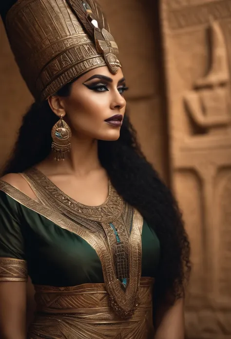 Hyper realistic photoshoot woman model vogue fashion magazine cover inspired by egyptian goddess modern days realistic skin hair face posing cleopatra Egyptian pyramids realistic person with goth fashion detailed clothing