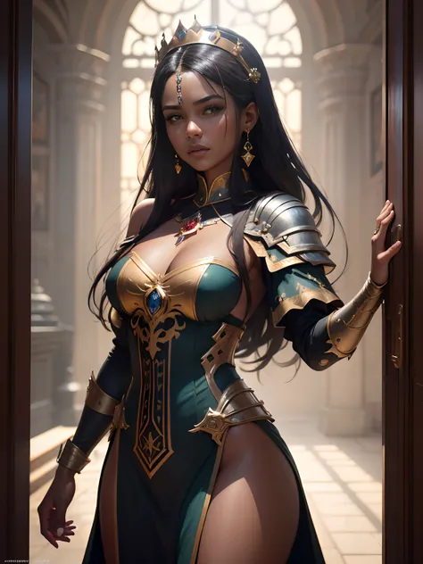 Modelshoot style, (the Extremely Detailed CG Unity 8K Wallpapers), full-shot body photo of the most beautiful artwork in the world, medieval queen, green vale, Dark skin, black woman, Golden crown, Diamonds, Medieval architecture, professional majestic oil...