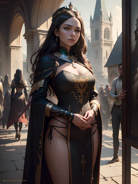 Modelshoot style, (the Extremely Detailed CG Unity 8K Wallpapers), full-shot body photo of the most beautiful artwork in the world, medieval queen, green vale, Dark skin, black woman, Golden crown, Diamonds, Medieval architecture, professional majestic oil...