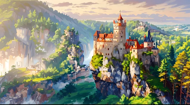 a view of a castle on a cliff with a forest in the background, transylvanian castle, draculas castle, transylvania, a medieval castle, medieval castle on background, medieval castle, beautiful castle, above view, castle on the mountain, сastle on the rock,...