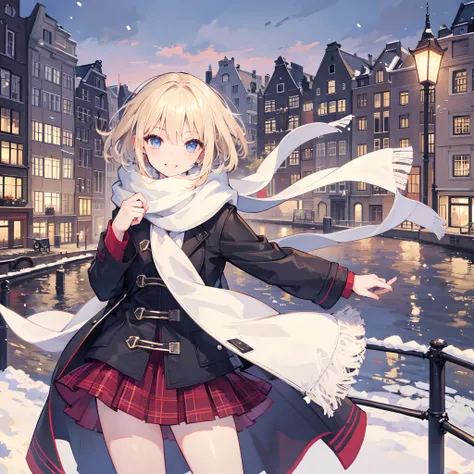 1 girl, smiling, european, winter coat, scarf, skirt, (small) chillerism, short blonde hair, Amsterdam