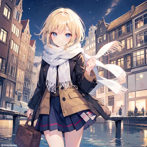 1 girl, smiling, european, winter coat, scarf, skirt, (small) chillerism, short blonde hair, Amsterdam