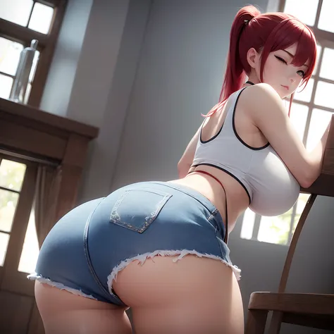 1girl, solo, detailed face, detailed eyes, red hair, long ponytail, white eye, serious, (one eye closed;1.3), standing, huge breasts, (ass:1.3), huge ass, wide hips, denim shorts, short shorts, g-string, (white tank top:1.1), window, indoors