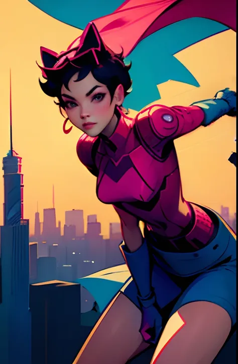 jubilee, marvel, beautiful, cute face, looking at viewer, hands on waist, city background