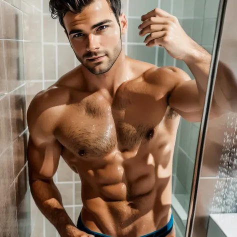 sexy man taking selfie in shower