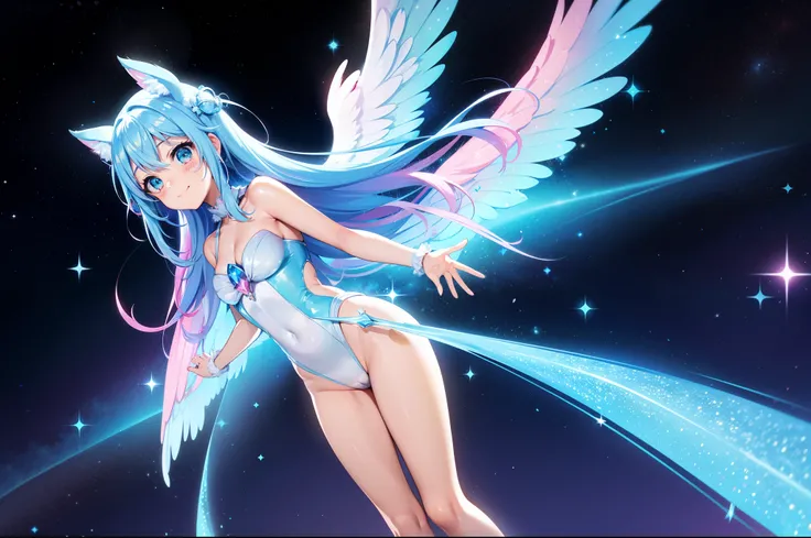 Chibichara　A charming smile　sky blue hair　length hair　Twin-tailed　Glittery bright pink and white and blue and yellow leotards　Facing straight ahead、arms spread wide、Spread 6 large iridescent angel wings on the back　Mystical　Spectacular sparkling backdrops ...